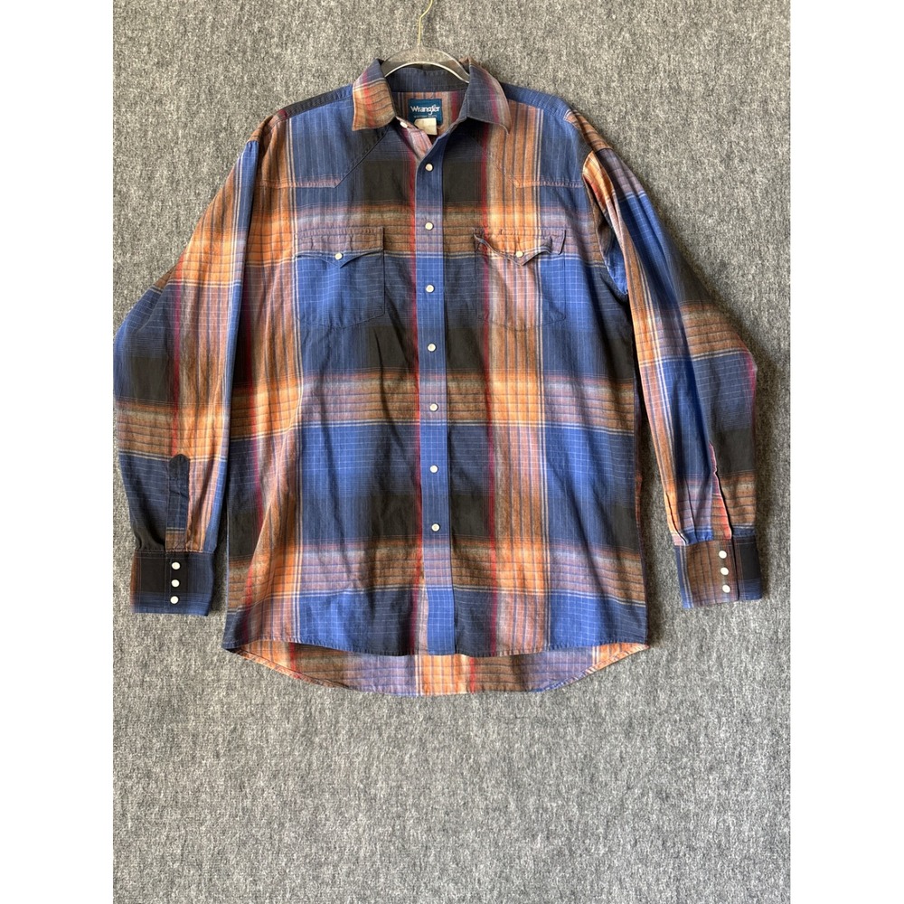 Wrangler Mens Western Snap Down Plaid Shirt Blue Orange Long Sleeve Large‎
